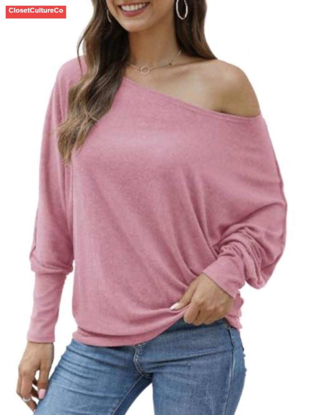 Aifer Off Shoulder Oversized Batwing Sleeve Pullover Tunic Sweater
